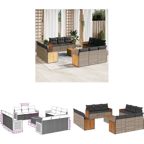 13-tlg. Garten-Sofagarnitur mit Kissen Grau Poly Rattan - Gartensorte - Outdoor Möbel - Gartenlounge - Esstischset - Lounge Set - Home & Living (1/3)