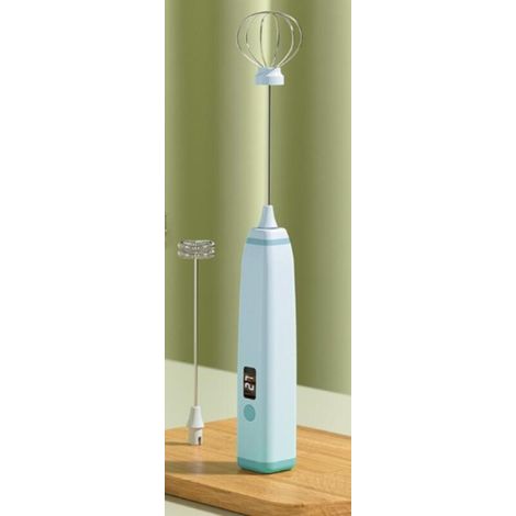 Mousseur à lait rechargeable, idéal pour préparer des boissons et battre des œufs — Bleu clair — Livré avec deux têtes de mélange — Écran numérique
