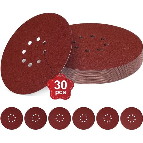 Lot de 30 disques de ponçage – Diamètre 225 mm – 8 trous – Papier abrasif pour ponceuse girafe – Grain 120 et 240 – Pour ponçage à sec (1/5)