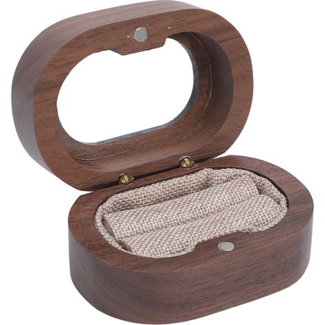 Boîte à bague en bois ovale avec fermeture magnétique et fenêtre en acrylique transparent, idéale pour une cérémonie de mariage. (1/5)