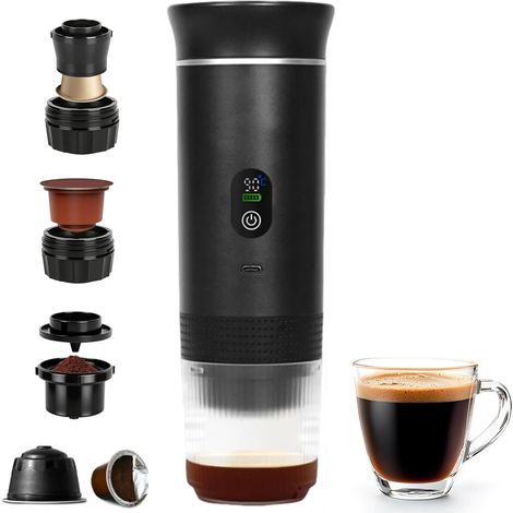 Machine à Café Portable de Voyage, 3 En 1 Cafetiere Portable, 12V Expresso Cafetière Rechargeable Affichage compatible avec Capsules Pour Le Camping, Bureau, Maison, Voiture (Noir) (1/5)