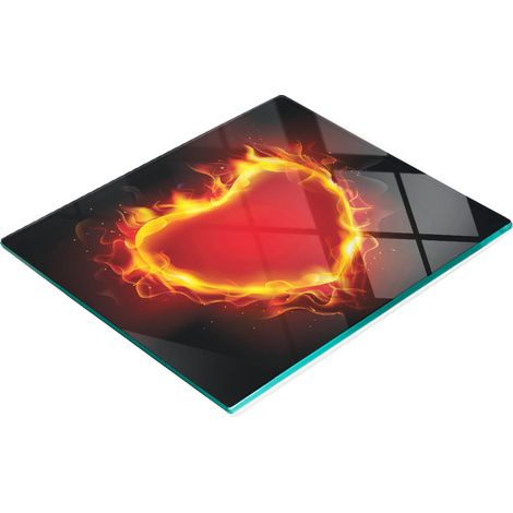 Tablero de vidrio decorativo multifuncional para cocina con forma de llama y coraz贸n, 60x52 cm.