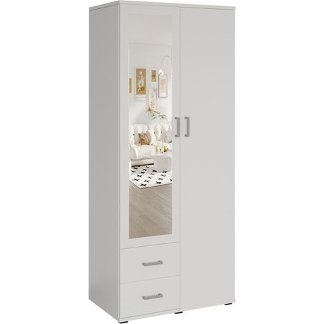Kleiderschrank mit 2 Türen und Spiegel TOM – Maße H185 x B80 x T52 cm – Farbe Weiß – Design-Stil