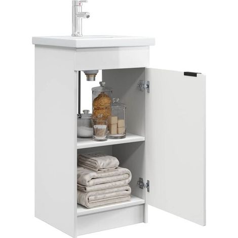 Meuble de Salle de Bain avec Lavabo Intégré, Couleur Blanc Brillant (1/5)