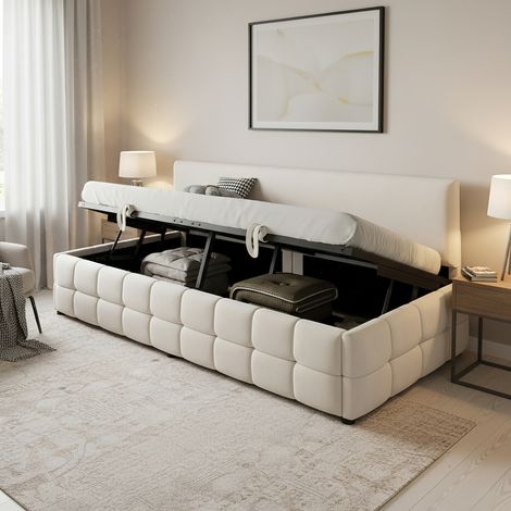 Letto singolo con stoccaggio 90x200 cm, letto contenitore 1 posto, divano letto, schienale senza braccioli, design classico a motivo quadri, letto capitonnè in velluto - Beige