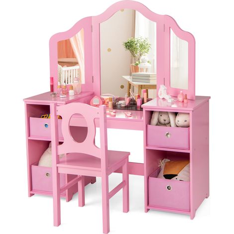 COSTWAY Kids Vanity Desk & Chair 2 in 1 Toddler Makeup Pretend Play Table-Pink (1/5)