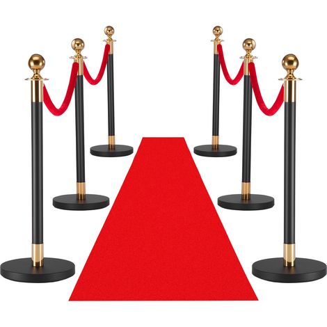 Poteau de guidage, ensemble de 6 barrières de contrôle des foules avec tapis rouge, 4 cordons en velours rouge, poteau de guidage en acier inoxydable doré avec base creuse pour théâtre, fête, mariage, (1/5)