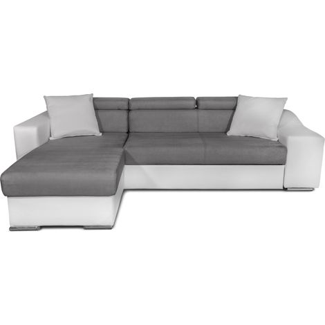 Usinestreet – Canapé d'angle convertible 4 places bi-matière blanc et gris – Large méridienne réversible – Coffre de rangement et 2 poufs inclus (1/5)