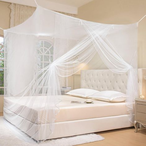Zanzariera - Zanzariera rettangolare per letto, design a quattro ante - Maglia fine, quadrata - 190210240 cm - Include 4 ganci + 4 ancoraggi + 4 cordini per tenda - Zanzariera (bianca)