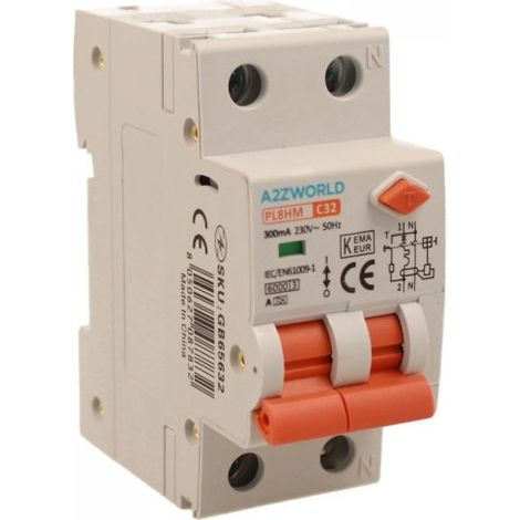 RCBO Doppia Leva, Interruttore Magnetotermico Differenziale Tipo A Curva C 1P+N 2M 6000A 300mA C32A AC 230V IP20 IEC61009-1 PL8HM
