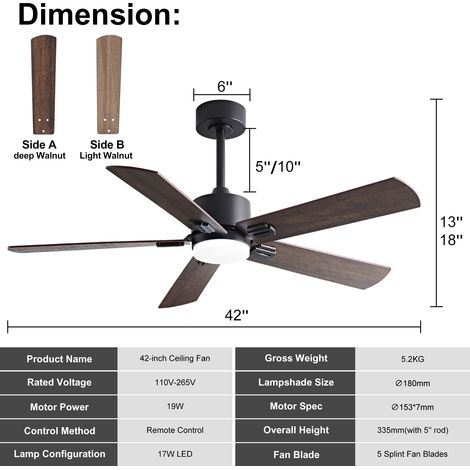 Ventilateur plafond 42 pouces noir lumière télécommande pales double finition. Moteur silencieux puissant lumière LED pour salon. (1/5)