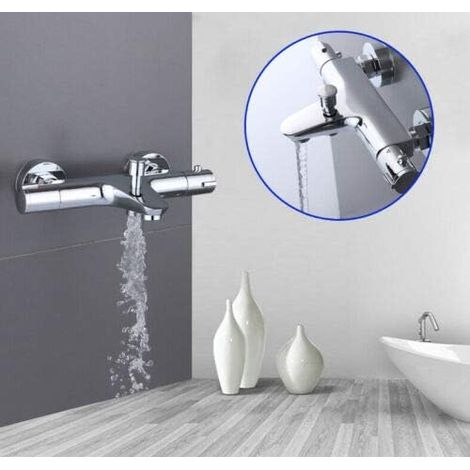 Badewannenarmatur Thermostat, Duscharmatur Edelstahl Mischbatterie Wasserhahn Bad Chrom, Duscharmatur Verbrühschutz 20-50℃, 2 Wasserauslässen mit 38 °C Sicherheitstaste (1/5)