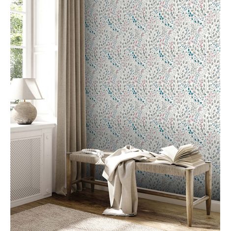 Papier peint floral sur fond blanc Tapisserie à fleurs bleues, grises, roses Papier peint style cottage campagne idéal pour cuisine (1/4)