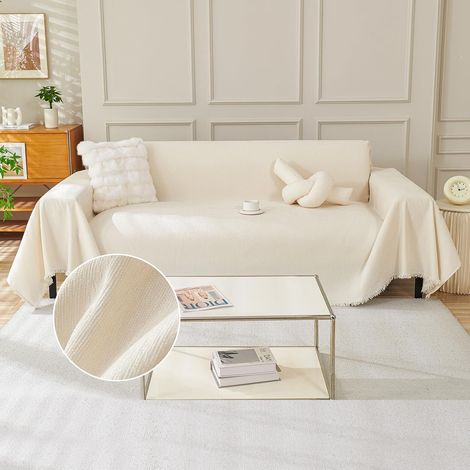 Housse de canapé pour canapé 2 3 Places, Couvre-canapé en Chenille Lavable Recto-Verso avec Franges, pour canapé d'angle en L, Utilisable Toute l'année, F Beige 180x300cm (1/5)