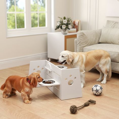 Gamelle pour chien blanche réglable sur 3 niveaux avec tapis anti-piège. 2 gamelles en acier inoxydable adaptées à toutes les races de grands chiens.