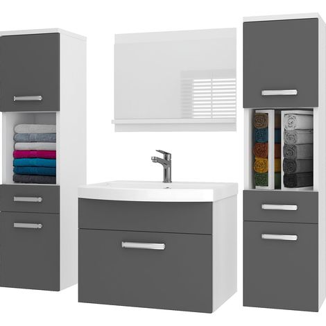 BELINI Meuble de Salle de Bain PRI M6 120 cm - Meuble avec Vasque Céramique + Miroir avec Étagère - Suspendu - Gris Mat (1/5)