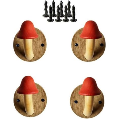 Lot de 4 crochets muraux bois massif – Forme champignon rouge – Patère décorative – Salle de bain (1/5)