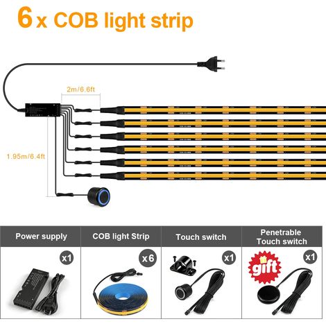 (6 bandes, lumière naturelle, 2M) Bandes LED noires, COB, interrupteur à gradation par capteur tactile double, aucun perçage requis pour l'installation. (1/5)