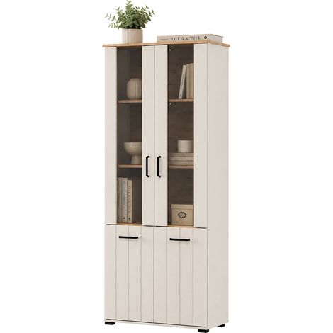 Vetrina Tadas, Mobile Espositore 4 Ripiani, 2 Ante, con Piedini, Anta Dettaglio Vetro, 79x36x191h cm Bianco Crema