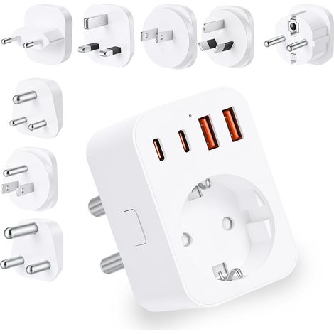 Adaptateur de Voyage avec 8 Prises Internationales Amovibles (Type A/B/C/G), Universel Adaptateur Prise avec 3 USB, 2 Type C PD 20W, pour JP, GB, AU, US, DE, ZA, EU (8) (1/5)