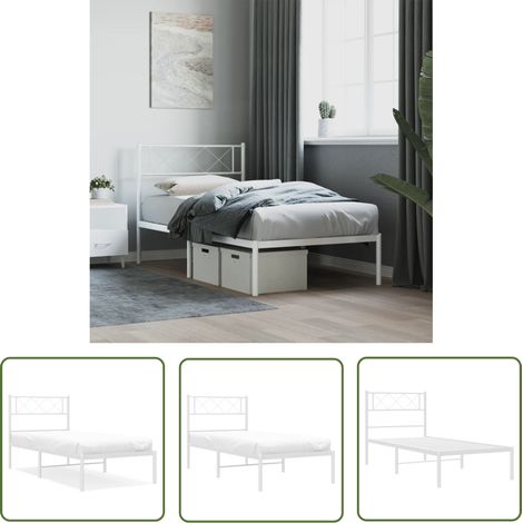 The Living Store Cadre de lit métal sans matelas avec tête de lit blanc 90x190cm - Cadre De Lit Metal - Lit Simple - Lit Blanc - Lit Avec Têtedé Lit - Sommier (1/5)