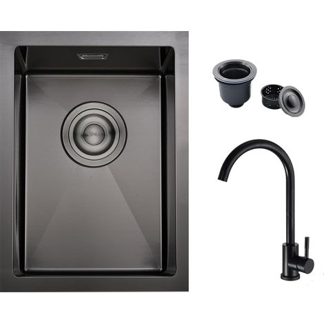 Évier Cuisine 1 Bac 30x40cm, Evier Camping avec Robinet, Noir (1/5)
