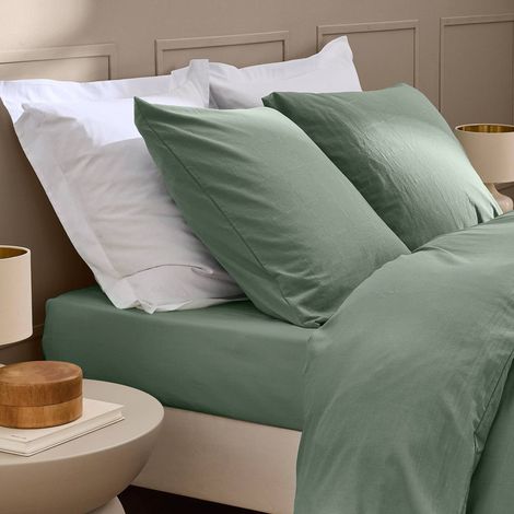 Drap housse 160x200 coton lavé sauge Douceur d'Intérieur Linella