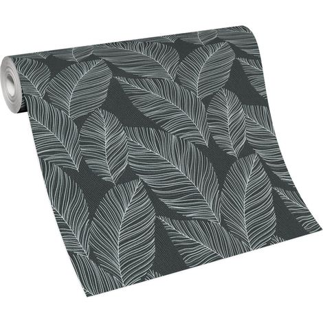 Papier peint motif feuille blanc & anthracite chambre adulte | Tapisserie feuille grise moderne | Papier peint salon & couloir (1/5)