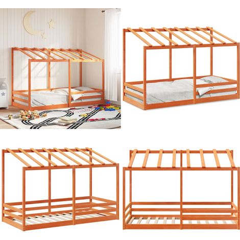 Cama infantil con techo madera maciza pino marrón 100x200 cm - Cama con techo - Madera maciza