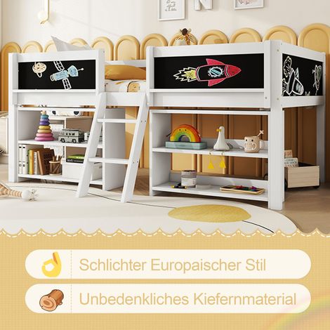 Lit à demi-hauteur,90200cm,Plusieurs étagères pour le rangement,Rambarde,Échelle,Bois de pin,Sans matelas,Style minimaliste,Blanc