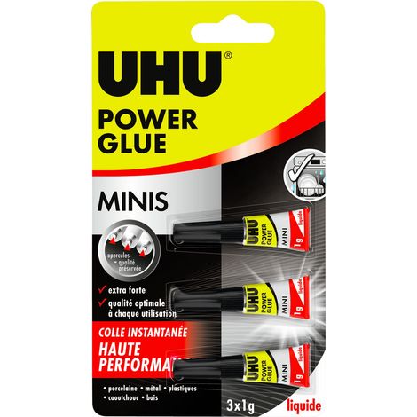 Colle instantanée UHU Power glue liquide ultra forte – Pour bois, métal, céramique – Tubes 3x1g – Sans solvant, transparente