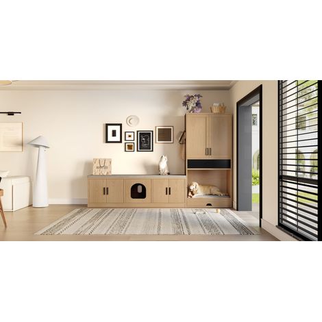 Ensemble 2 en 1 banc-armoire & commode haute pour chiens et chats – lit, niche, griffoir, station nourrissage, rangement – design discret (1/4)