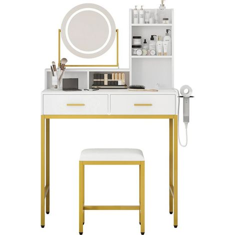 360° Swivel LED Dressing Table – 3 Lighting Modes – Makeup Vanity with Storage, Hair Dryer Holder and Integrated Power Outlet, Gold (1/5)