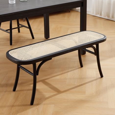 Wahson Banco de Comedor Rústico de Ratán con Patas de Madera Maciza, Banco Decorativo para Cocina, Pasillo y Entrada, Negro