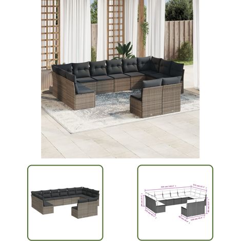 The Living Store 12-tlg. Garten-Sofagarnitur mit Kissen Grau Poly Rattan - Gartensofas - Outdoor Möbel - Lounge Set - Gartenlounge - Rattan Sofa (1/3)