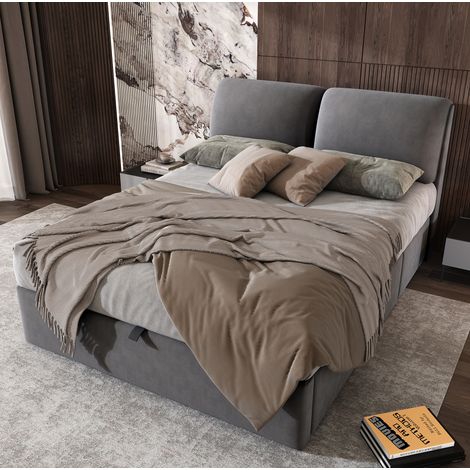 MEUBLIV Lit coffre 140x190 cm gris – avec tête de lit et rangement, sans matelas (1/5)