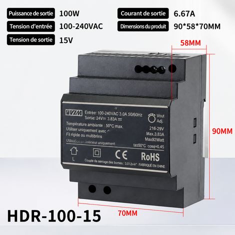 Alimentation sur rail DIN HDR-100-15V 15V 6.6A AC 220V double face 1 kg hdr-100-15v 6.6 1 kg – Livraison gratuite