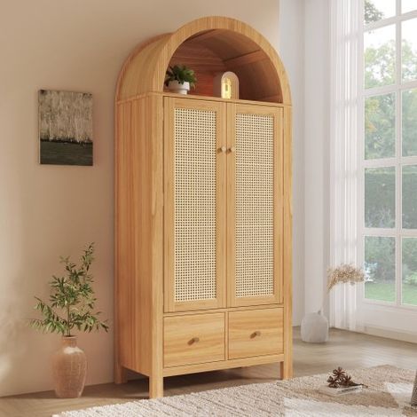 Armoire Penderie 78x45x181 cm avec Portes en Cannage Rotin, Tringle, 2 Tiroirs et Étagère Arrondie, Style Naturel Effet Chêne
