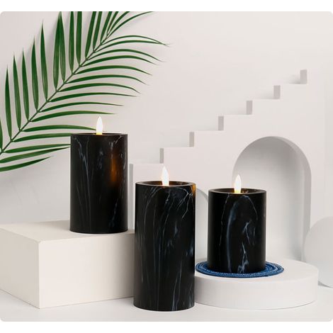 Lampe à bougie électronique à motif marbré (avec télécommande, lot de 3), alimentée par 2 piles AA, revêtement en cire véritable à dessus plat. (1/4)