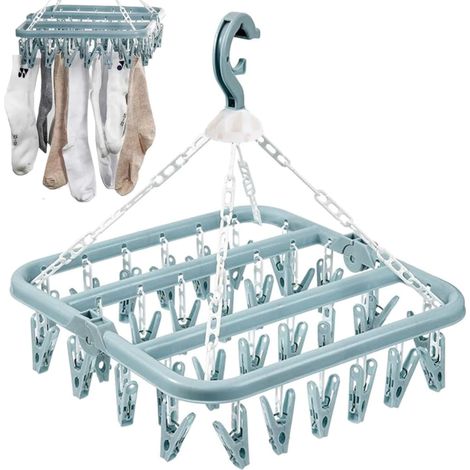 - Séchoir à Linge Suspendu avec 32 Pinces – Cintre Multifonction pour Chaussettes, sous-Vêtements et Petits Vêtements – Gain de Place – Bleu (1/5)