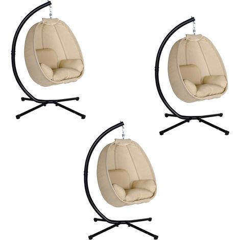 3er-Set hängesessel, Eiförmiger Schaukelsitz mit weichem Kissen, für drinnen und draußen geeignet, 125L x 95B x 170H cm, Khaki