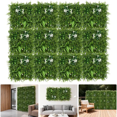 Panneaux de haie artificielle en buis 50x50 cm – Mur végétal réaliste anti-UV, clipsables brise-vue pour clôture/balcon/jardin, intérieur/externeérieur - Lot de 12 (1/5)