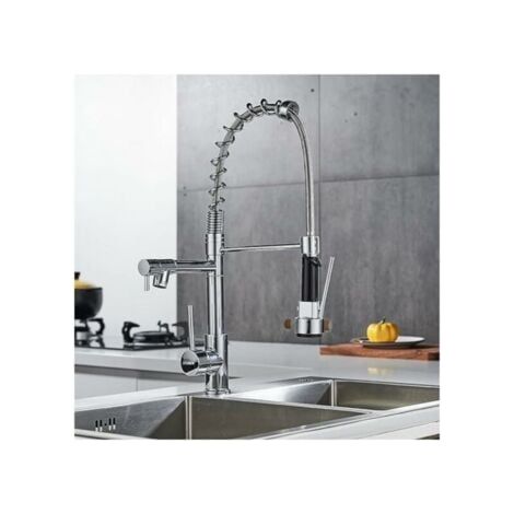 Robinet de cuisine pivotant à 360 °, robinet de cuisine en laiton chromé, mitigeur de cuisine à deux jets avec jet flexible argent (1/5)