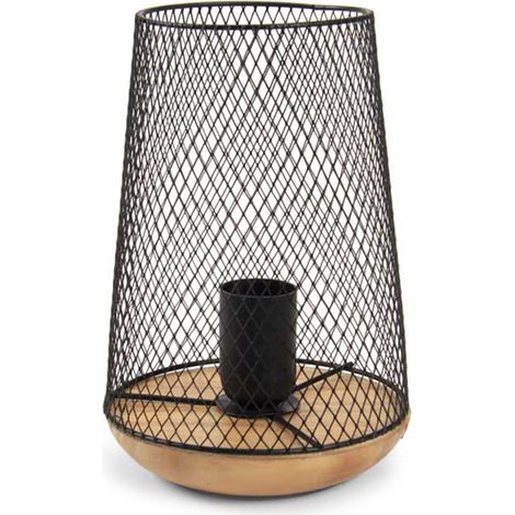 LAMPADA DA ARREDO IN METALLO CON BASE LEGNO A RETE 17X17X23CM IN COLORE NERO (1/4)