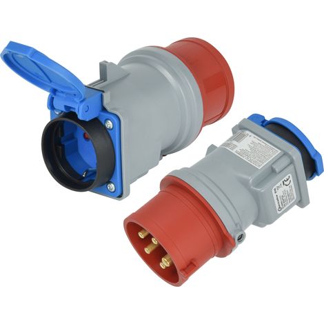 Adaptateur Industriel IP44 CEE de Prise Schuko 16A vers fiche CEE 3 pôles (3P+N+T) avec Capuchon