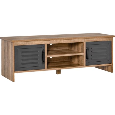 Meuble TV conçu pour un téléviseur de 42 pouces, comprenant deux étagères fermées avec portes métalliques et deux étagères ouvertes. Mobilier de salon moderne..