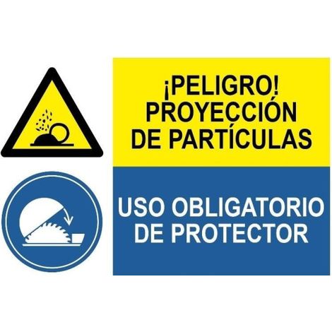 Señal combinada Peligro proyección de partículas Uso obligatorio de protector SEKURECO                 Adhesivo vinilo