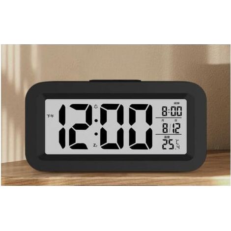 Silent battery-operated digital alarm clock for children and adults, large LED screen, temperature display, calendar (black) (1/5)