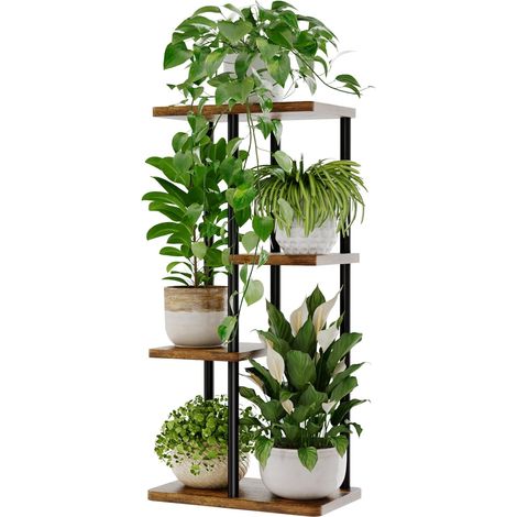 Support Plantes Interieur, Support Plante 4 Niveaux en Métal pour Multiple Plantes, Étagère à Fleurs pour Balcon Salon Chambre, Brun (1/5)