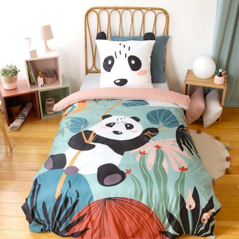 sweeek - Wendebettwäsche aus Mikrofaser mit Panda-Druck, 1 Platz, 140 x 200 cm (1/3)